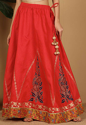 Block Printed Art Silk Skirt in Red