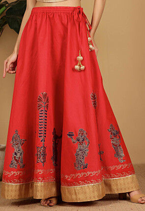 Block Printed Art Silk Skirt in Red