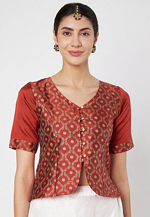 Block Printed Art Silk Top in Maroon