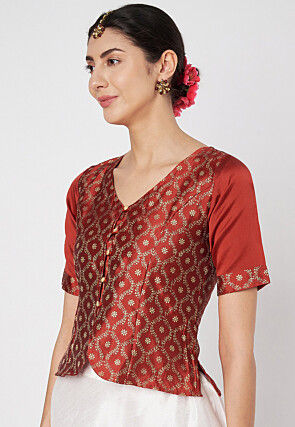 Block Printed Art Silk Top in Maroon