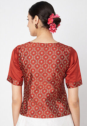 Block Printed Art Silk Top in Maroon