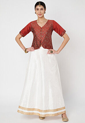 Block Printed Art Silk Top in Maroon