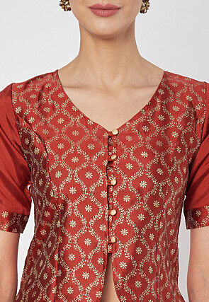 Block Printed Art Silk Top in Maroon