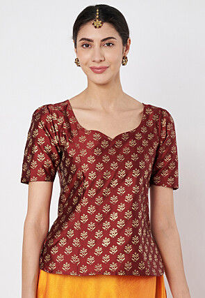 Block Printed Art Silk Top in Maroon