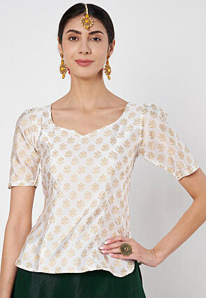Block Printed Art Silk Top in White