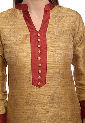 Block Printed Bhagalpuri Silk High Low Kurta in Beige