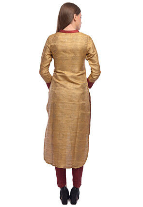 Block Printed Bhagalpuri Silk High Low Kurta in Beige