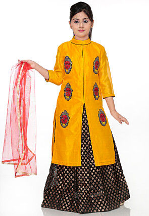 Block Printed Bhagalpuri Silk Lehenga in Mustard