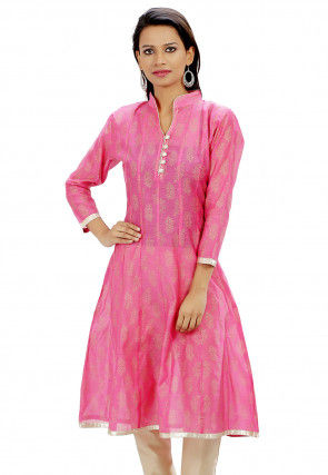 Block Printed Chanderi Cotton Anarkali Kurta in Pink