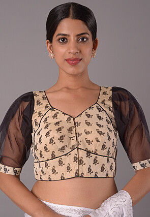 Block Printed Chanderi Cotton Blouse in Beige And Black