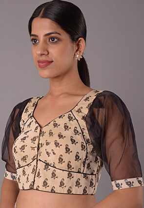 Block Printed Chanderi Cotton Blouse in Beige And Black