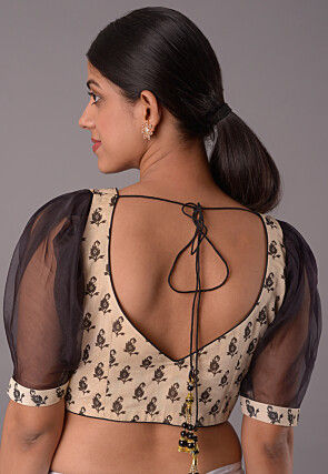 Block Printed Chanderi Cotton Blouse in Beige And Black