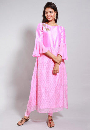 Block Printed Chanderi Silk A Line Kurta in Pink