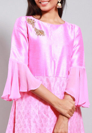 Block Printed Chanderi Silk A Line Kurta in Pink