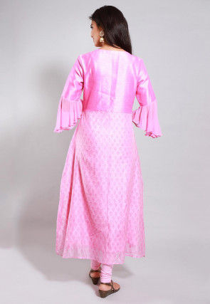 Block Printed Chanderi Silk A Line Kurta in Pink
