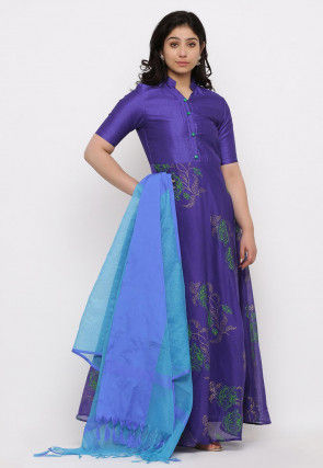 Block Printed Chanderi Silk Abaya Style Suit in Royal Blue
