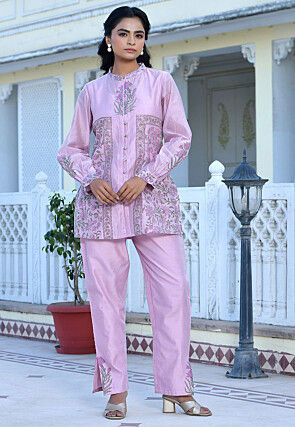 Block Printed Chanderi Silk Co Ord Set in Pink