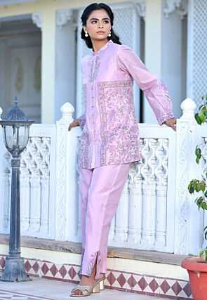 Block Printed Chanderi Silk Co Ord Set in Pink