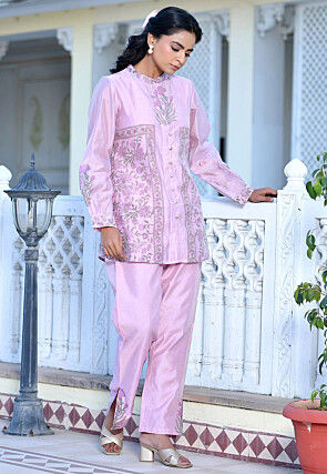 Block Printed Chanderi Silk Co Ord Set in Pink