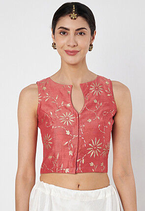 Block Printed Chanderi Silk Crop Top in Coral Pink
