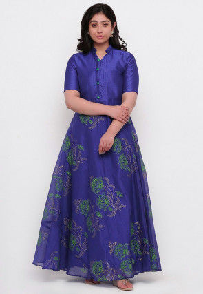 Block Printed Chanderi Silk Gown in Dark Blue