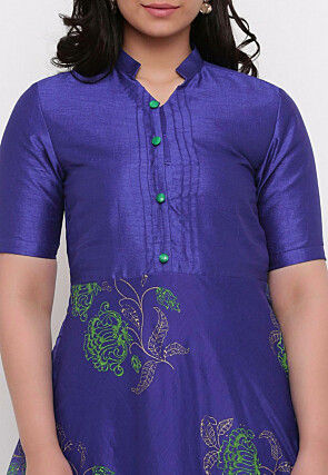 Block Printed Chanderi Silk Gown in Dark Blue