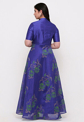 Block Printed Chanderi Silk Gown in Dark Blue