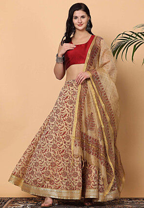 Block Printed Chanderi Silk Lehenga in Beige