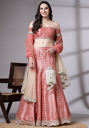 Digital Printed Art Silk Lehenga in Peach
