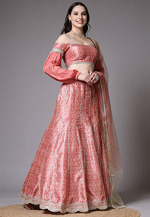 Digital Printed Art Silk Lehenga in Peach