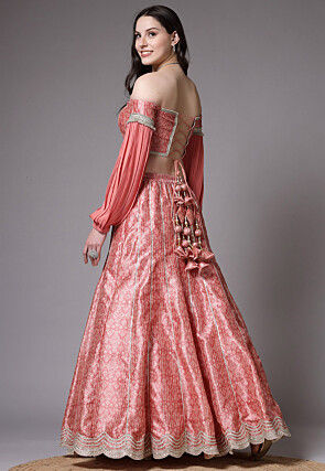 Digital Printed Art Silk Lehenga in Peach