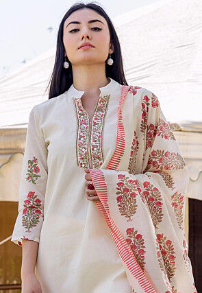 Block Printed Chanderi Silk Pakistani Suit in Cream