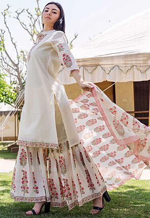 Block Printed Chanderi Silk Pakistani Suit in Cream