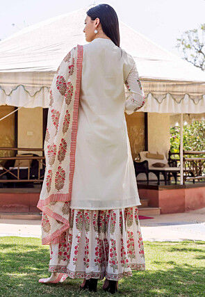 Block Printed Chanderi Silk Pakistani Suit in Cream