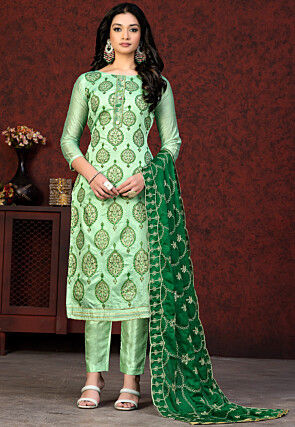 Block Printed Chanderi Silk Pakistani Suit in Pastel Green