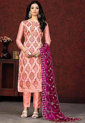 Block Printed Chanderi Silk Pakistani Suit in Peach