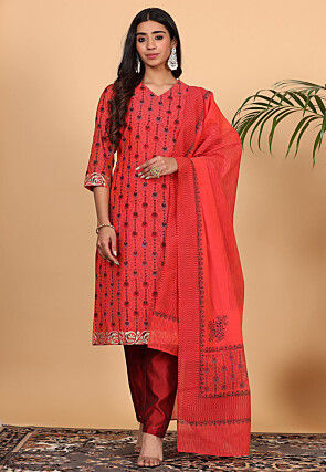 Block Printed Chanderi Silk Pakistani Suit in Red