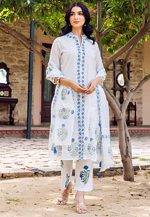 Block Printed Chanderi Silk Pakistani Suit in White