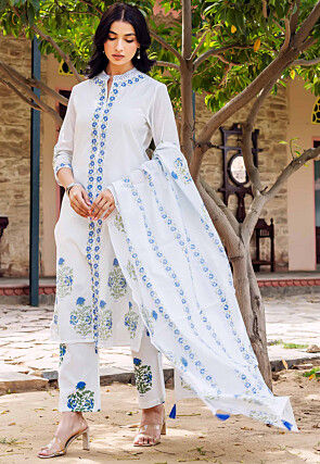 Block Printed Chanderi Silk Pakistani Suit in White