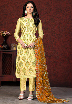 Block Printed Chanderi Silk Pakistani Suit in Yellow