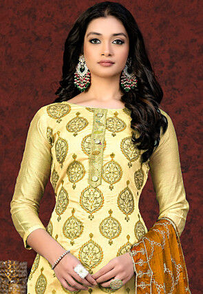 Block Printed Chanderi Silk Pakistani Suit in Yellow