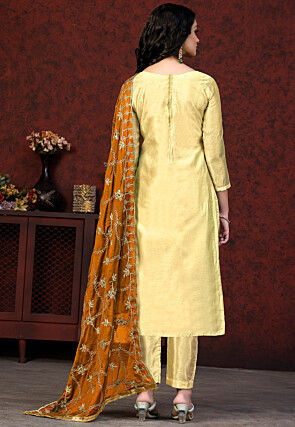 Block Printed Chanderi Silk Pakistani Suit in Yellow