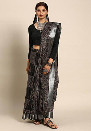 Block Printed Chanderi Silk Saree in Black