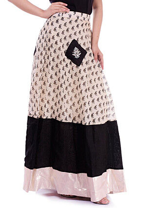 Block Printed Chanderi Silk Skirt in Light Beige