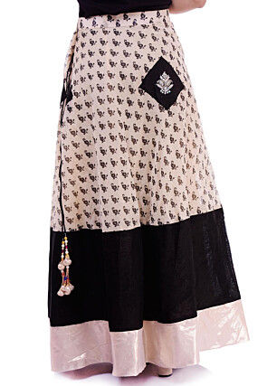 Block Printed Chanderi Silk Skirt in Light Beige