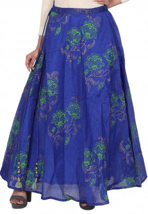 Block Printed Chanderi Silk Skirt in Royal Blue