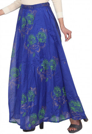 Block Printed Chanderi Silk Skirt in Royal Blue