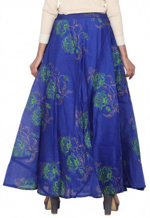 Block Printed Chanderi Silk Skirt in Royal Blue