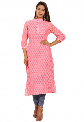 Block Printed Chanderi Silk Straight Kurta in Pink