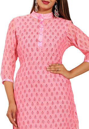 Block Printed Chanderi Silk Straight Kurta in Pink